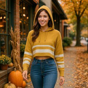 🧡 Mustard Striped Cropped Hoodie Sweater